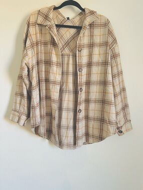 Plaid Button-Up Shirt Jacket - Cream/Brown